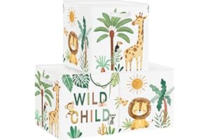 HUUMONSS 30cm Boîtes de Rangement Lot de 3 Bohème Animaux Livres Rangement de Vêtements pour Placard Étagères Coffre à Jouets Enfant Tropicales Lion Girafe Palmes