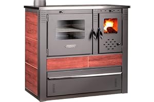 ProTermo Kaminofen Panonia - 10,54 kW Heizleistung - 90x51x85 cm Holzofen mit Backfach und Herdplatte (Rot-Links)
