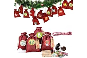 MIUEZUTH Adventskalender Kette zum Befüllen und Aufhängen, 2023 Weihnachten Geschenksäckchen Deko Jute-säckchen zum Selberfüllen, jutebeutel, Stoffbeutel, 24 Zahlen Buttons von DIY (Rot)