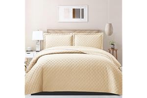 PHP Bedspread Bed Throws for Bedroom Decor - Decorative Embossed Diamond Check Pattern Quilted Fabric Reversible Quilt Bedspreads Coverlets with Pillow Cases (Super King, Beige)