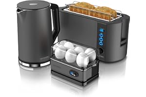 ‎ARENDO Arendo - Wasserkocher mit Toaster SET und Eierkocher, Edelstahl Cool Grey Wasserkocher 1,5L 40° 100°C Toaster 4 Scheiben LED-Display 6 Bräunungsgrade Eierkocher 1-6 Eier Messbecher