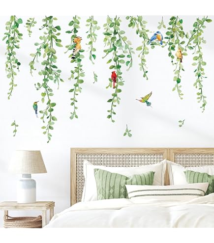 Stickers Muraux Décoratifs Plantes Tropicales - 2 Feuilles (90x30 Cm) - Effet Peinture - Amovibles Sans Trace - Pour Salon, Chambre