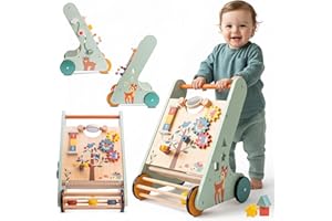 Drewniany pchacz dla dziecka 2w1, interaktywny chodzik od 12 miesiąca, nauka chodzenia, ekologiczne drewno (Niebieski)