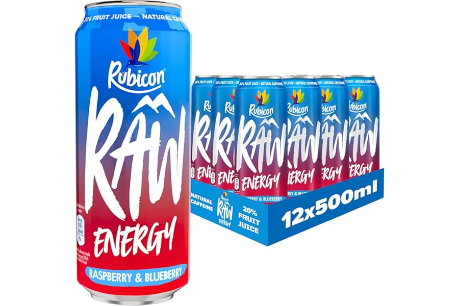 Rubicon RAW 12 Pack Raspberry & Blueberry 500ml Energy Drink, 20% Real Fruit Juice, High caffeine with B-Vitamins, Ginseng & Guarana, No Artificial Colours or Flavours, Reduce Tiredness & Boost Energy