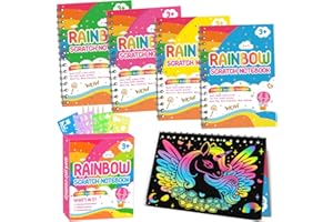 FUNNYB&G Scratch Art Set: 4 Libri Fogli Neri da Grattare Kit Regalini Fine Festa Compleanno con 5 Stilo in Legno, 4 Righelli Modello Forniture Artigianali per Bambini Dopo Festa