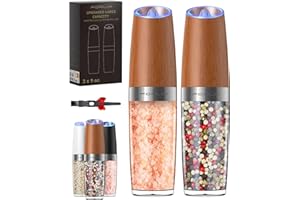 FORLIM Gravity Electric Salt and Pepper Grinder Set, 2024 Upgraded 9 Oz Capacity, 4 AAA Battery Operated One-Hand Automatic, Adjustable Coarseness, LED Light - 2 Pack(Classic Wood Grain）