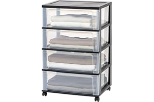 IRIS OHYAMA IRIS USA Plastic Drawer Storage Organizer Rolling Cart, with Wheels Casters, 4-Drawers, for Art Craft Supplies Bathroom Dorm Bedroom Laundry Room, Wide, Black