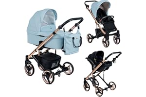 EMJOT Poussette Combinée Trio 3 en 1 Neri Edition Exclusive RoseGold "Smooth" – Bleu Pastel - Landau, poussette promenade, siège auto "i-Size" Groupe 0+ - Livrée avec ses accessoires.