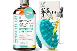 Artnaturals Organic Rosemary Castor Hair Oil + Scalp Massager 118ml ounces with Coconut & Olive Oil for Dry, Damaged & Split End