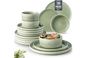 GBhome Stoneware Dinner Sets for 6 People, 18 Pieces Reactive Glaze Handcrafted Plates and Bowls Set, Scratch Resistant Dinnerware Set, Dishwasher & Microwave Safe Crockery Set, Light Green