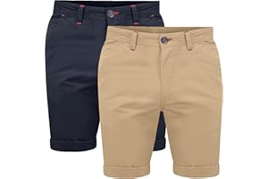 WJL WHISPERING JONES LONDON Mens 2 Pack Stretch Chino Shorts Cotton Twill Red Detailing Combat Style Accents Casual Above Knee Summer Wear