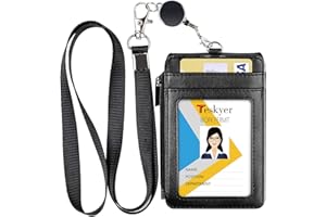 Teskyer Porta badge in pelle con cordino e bobina retrattile, 4 scomparti per carte d'identità, 1 tasca con cerniera, per ufficio e scuola