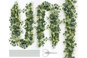CoKeeSun Artificial Eucalyptus Garland 3pcs, Greenery Garland 5.9Ft, Fake Leaves,Hanging Greenery Vines with White Flowers, Foliage Fireplace Wedding Arch Backdrop Wall Table Indoor Outdoor Decor