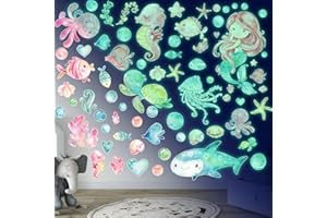 SINEKONG Meerjungfrau Wandtattoo Kinderzimmer Leuchtend Wandaufkleber Mädchenzimmer Meerestiere Unterwasserwelt Leuchtsticker Meerjungfrau Prinzessin Leuchtaufkleber Wandsticker für Mädchen Schlafzimmer Grün