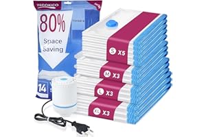 SUPERWSLING Vakuumbeutel für Kleidung mit Elektrische Luftpumpe, 14 Vacuum Bags for Clothing (5 S, 3 M, 3L, 3 XL), ideal für die Aufbewahrung von Reisen, Kleidung und Bettdecken (14)