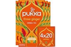 Pukka Herbs | Three Ginger Organic Herbal Tea Box | Digestion-Aiding Infusion With Ginger, Turmeric, And Galangal | Ideal After Meals | Caffeine Free | 4 Packs | 80 Plant Based Biodegradable Tea Bags