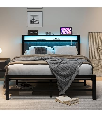 HOJINLINERO Lit 140 x 190 cm avec espace de rangement et sommier à lattes 140 x 190 cm, cadre de lit avec fonction de charge USB et éclairage LED, lit de rangement