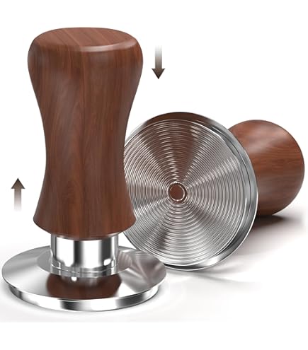 HOLIHOKY Tamper 58 mm, koffiestamper met schroefdraadbodem, espresso tamper met massief houten handvat en sokkel van roestvrij staal 304, veerconstructie voor constante en gelijkmatige druk