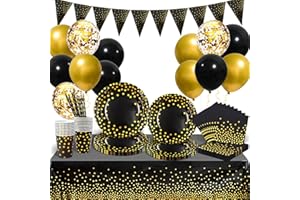 GOLDNICE Party Tableware Set Black and Gold, 25 Guests Paper Paper Plates Napkins Cups Straws Tablecloth Balloons for Wedding Engagement, Baby Shower, Birthday, Eid Mubarak New Years Party Supplies Decoration