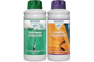 Nikwax TECH WASH and TX DIRECT Twin Pack, Technical Cleaner and Wash-In Waterproofer for Waterproof Clothing, Cleans, Waterproofs, Revitalises Breathability, 2x 1L