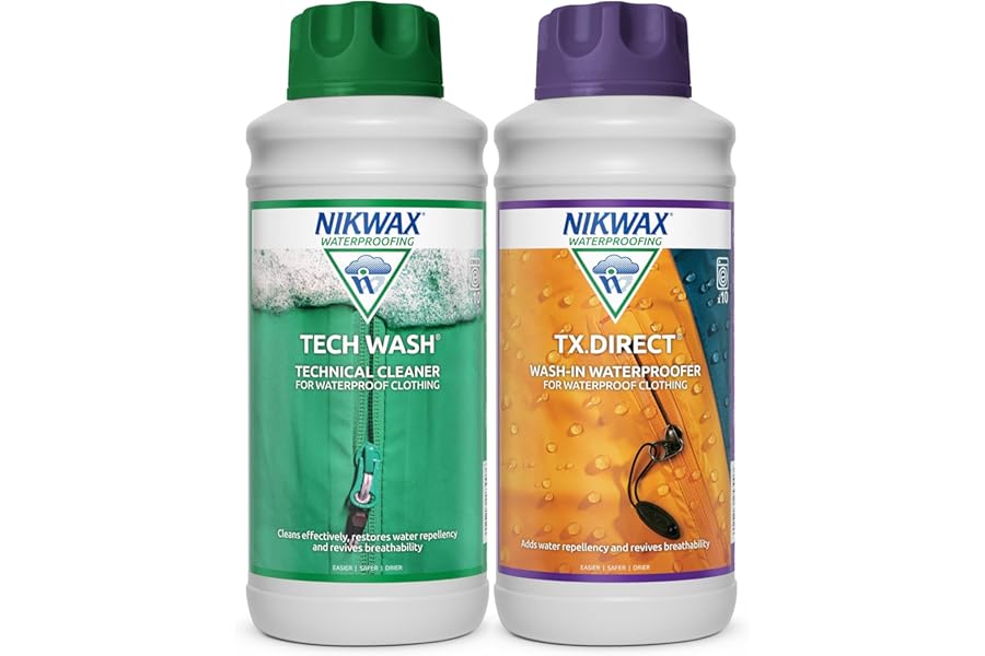 Nikwax TECH WASH and TX DIRECT Twin Pack, Technical Cleaner and Wash-In Waterproofer for Waterproof Clothing, Cleans, Waterproofs, Revitalizes Breathability, 2x 1L