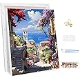 MEIYUDA DIY Paint by Numbers for Adults with Frame Street Scenery, Stairs to The Sea Paint by Numbers Kits, Arts and Crafts for Beginner Acrylic Pigment Drawing Paintwork Wall Art 30x40cm