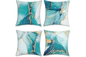 Bonhause Turkusowe poszewki na poduszki marmurowe 45 x 45 cm, zestaw 4 szt., turkusowe złoto, abstrakcyjne sztuki, nowoczesne dekoracyjne poszewki na poduszki, miękkie, aksamitne poszewki na poduszki, na sofę, kanapę, łóżko, na zewnątrz, wystrój domu, 45 x 45 cm