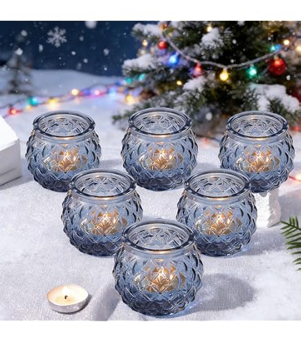 DARJEN Set Di 24 Portacandele Votivi Blu Rotondi In Vetro, Per Candele Tealight, Con Texture A Diamante, Per Centrotavola Di Nozze, Feste E Decorazioni Per La Casa - 3
