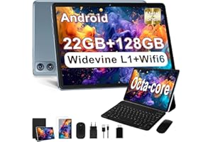 Dghrti Tablette Tactile 10.1" Android -22 Go RAM / 128 Go ROM (TF 1To), 8 cœurs, 8000 mAh, WiFi 5G/2.4G, Double caméra 5+8 MP - Widevine L1 avec Clavier et Souris - Gris
