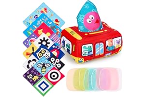 Januts Baby Tissue Box Toys Toddler Red Car Montessori Sensory Toy for Autism with 6 Crinkle Tissue Papers and 8 Colorful Scarves Early Learning Fabric Educational Toys Preschool Gifts for 6-12 Months