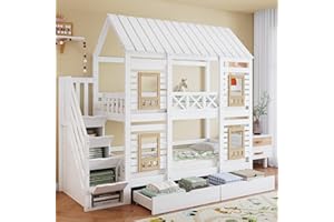 RIAZOS Kinderbett Etagenbett 90 x 200, Hausbett für 2 Kinder, Hochbett mit Lattenrost, Treppe mit 4 Ablagefächern, Rausfallschutz, Zwei Schubladen mit Rollen, Baumhaus Bett mit Fenster und Dach