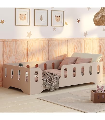 Lit De Sol Montessori Enfant/ado 140x200 Cm - Avec Protection Anti-chute Réglable Et Sommier Lattes - Blanc