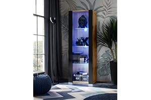 Komodee, Vitrina Tivoli, Negro Wotan, Ancho 55 cm x Alto 159 cm x Profundidad 35 cm, LED Azul, 3 estantes, para salón, Dormitorio, Pasillo