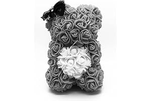 Amtang Orsetto rosa con scatola regalo, biglietto di auguri fatto a mano, con fiori eterni e rose a cuore, San Valentino, compleanni, matrimoni, ragazze uniche (orso grigio con cuore bianco)