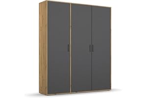 ‎RAUCH MÖBEL Rauch Möbel Voyager Schrank Kleiderschrank Drehtürenschrank, Grau metallic/Eiche Artisan, Holz, Schwarz, 3-türig, inkl. 1 Kleiderstange, 4 Einlegeböden BxHxT 140x194x53 cm