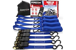 FORTEM Sangles d'Arrimage, Résistance 748 kg, 4 Sangles de Remorquage de 4,5 m, 4 Boucles Souples, Sangles Arrimage Moto, Anse Caoutchouc, Crochets Métal Enduit, Sac de Transport (Bleu)