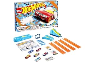 Hot Wheels Pack Celebración 6 vehículos Sorpresa con Pistas de Coches de Juguete y Set para Pintar con Pegatinas, Multicolor