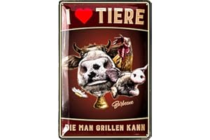 ‎LANOLU LANOLU Retro Blechschilder Grillen - ICH LIEBE TIERE DIE MAN GRILLEN KANN - BBQ Grill Retro Deko - Grillplatz Schild Garten - Papas Grillecke Schild - Schilder mit Sprüchen und Stanzung in 20x30 cm
