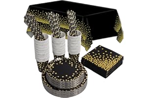 MOKANI Zastawa stołowa, 25 gości, zestaw naczyń urodzinowych, talerz obiadowy, papierowy kubek na ręcznik, przyjęcie dla dzieci, wesela, baby shower, Boże Narodzenie, czarne złoto