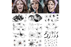 KUFAERBEAM 12 Blatt Gesichtstattoo Karneval,große Größe Fledermaus Spinnen Tattoo,Erwachsene Kinder Halloween Fasching Tattoo Hexen Zubehör für Karnevalsschminke Halloween Masquerade Party