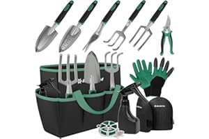 BLOSTM Gardening Tools Set 11 PCS - Heavy Duty Garden Tools Kit with Waterproof Tote Bag - Rust Proof Garden Trowel Set with Ergonomic Handles - Gardening Gifts for Men & Women (Green/Black)