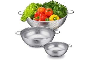 Colander Stainless Steel, Homikit Kitchen Colander Strainer Set with Handle, Perforated Metal Colanders for Pasta/Vegetable/Spaghetti/Fruit, Healthy & Dishwasher Safe, Set of 3 – 1/3/5 Quart