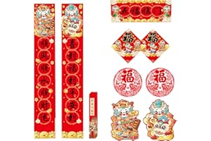 ZUZANNY 10 Pieces Lunar New Year Decoration Set 2024 Spring Festival, Chinese Spring Couplets Set, Window Decal, New Year Decoration Year of The Dragon Door Decal (Red-2)