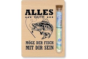 ZUKLA Verpackung für Geldgeschenke Angler - 13 x 10 cm - mit Reagenzglas - Geschenk für Angler - Geldgeschenk Verpackung aus Holz