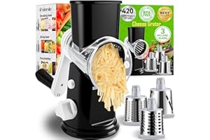 IPALAMILA Rotary Cheese Grater with 3 Replaceable Stainless Steel Drum Blades and Strong Suction Base Kitchen Round Rotary Cheese Grater UK for Vegetables,Fruits,Nuts,The Perfect Kitchen Tool (Black)