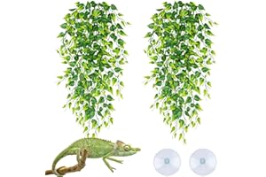 QUOZUO Accesorios para tanque de reptiles, plantas de terrario, paquete de 2 plantas colgantes de reptiles, hojas sintéticas, piel de reptil con ventosa, accesorios de tanque de dragón barbudo para
