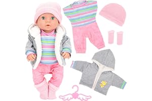Miunana Sweet Baby Doll Clothes for 14 Inch16 Inch 17 Inch Dolls - 4 Piece Hat, Coat, Socks, Top, Pants & Hanger Set, Handmade Soft Fashion Outfit with New Born Baby 35-43 cm Dolls Girls Birthday