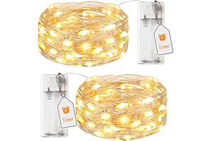 btfarm Lot de 2 Guirlande LED à Pile avec Minuterie, 2m 20 LED Petite Fairy Lights en Fil d'Argent, IP65 Étanche Guirlande Lumineuse Pile pour Décoration Chambre Noël Maison Halloween Blanc Chaud