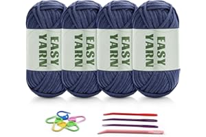 ‎RIDDUR 4 X 50g Häkelgarn Wolle zum Häkeln Dickes Garn Häkelwolle Easy Yarn Häkelgarn Chenille Wolle zum Häkeln gut Sichtbare Maschen, Dicke Wolles zum Häkelns Baumwoll-Nylon-Cowboyblau mit Häkelzubehör