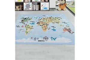 ‎CARPETSALE24 Carpetsale24 Kinderteppich Blau 80x120 cm Weltkarte mit Tieren Design Modern rutschfest Waschbar Pflegeleicht Extra Weich Antiallergen Babyteppich Kinderzimmer Jungen Mädchen